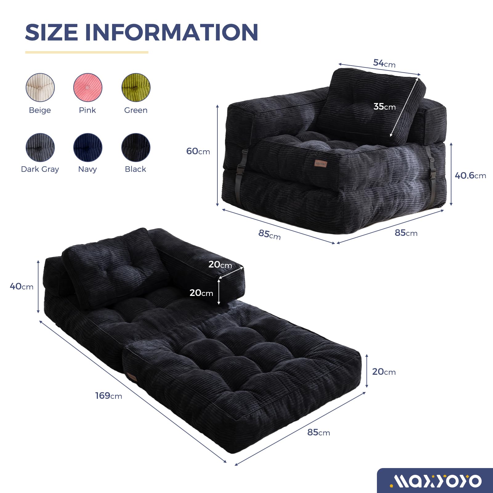 MAXYOYO Foldable Sofa Bed,Bean Bag Couch Convertible Sleeper Chair with Armrest L-Shaped Floor Lounge Sofa with Pillow Portable Lounge Seat for