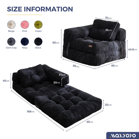 MAXYOYO Foldable Sofa Bed,Bean Bag Couch Convertible Sleeper Chair with Armrest L-Shaped Floor Lounge Sofa with Pillow Portable Lounge Seat for