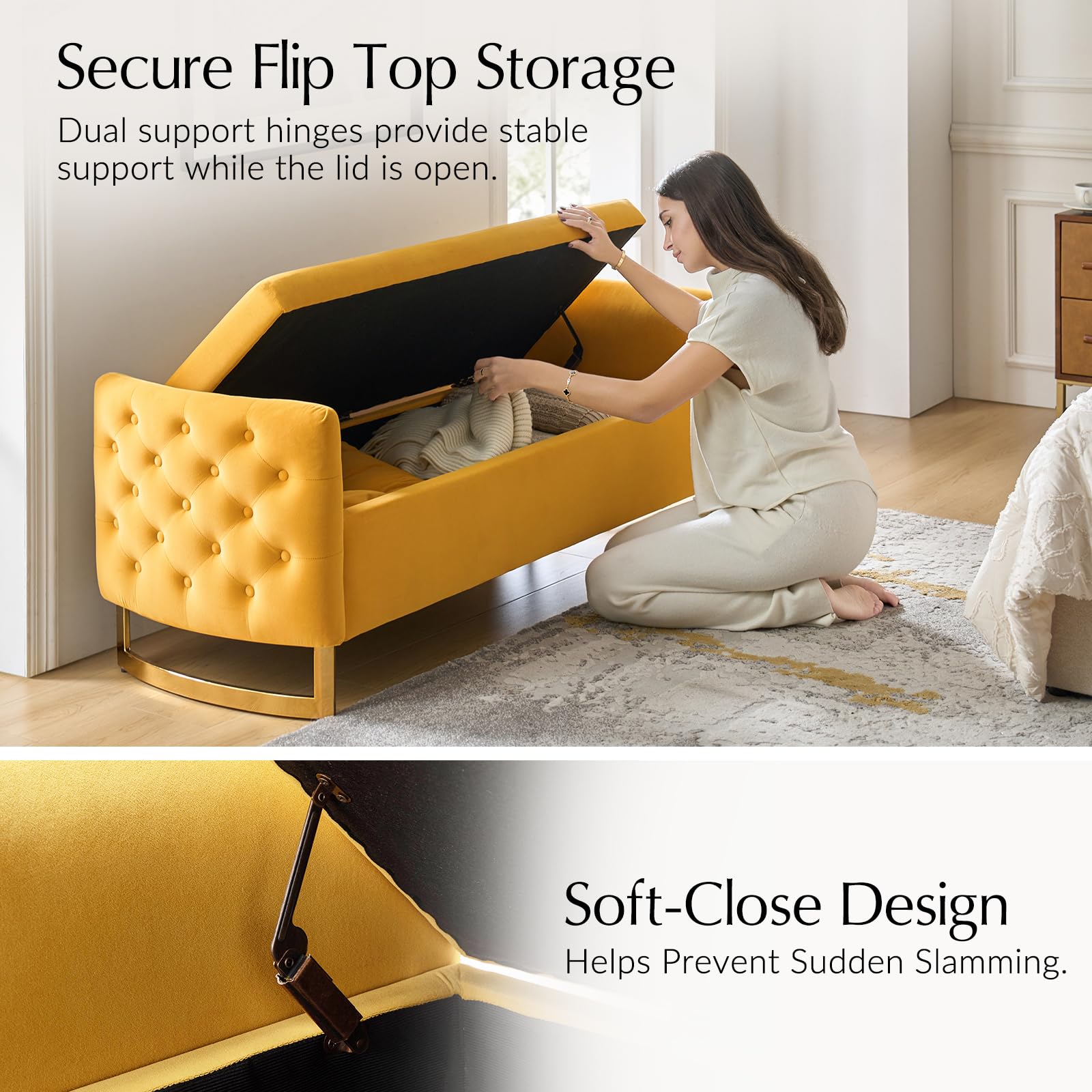 HULALA HOME Large Storage Bench with Metal Base for End of Bed, Mustard