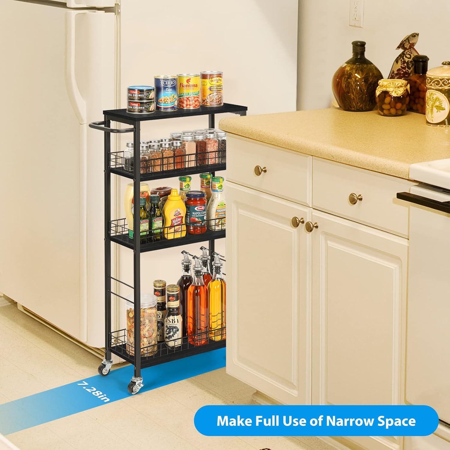 CADUKE Slim Storage Cart Kitchen Rolling Utility Cart on Wheels 4 Tier Mobile Narrow Cart with Wood and Metal Handle Slide Out Storage Shelving Unit