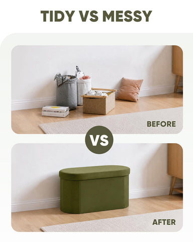 Bonlife Velvet Ottoman Storage Bench, Foldable Storage Chest with Lid,Oval Footstool for Living Room Bedroom Hallway, 76x38x38cm,Olive
