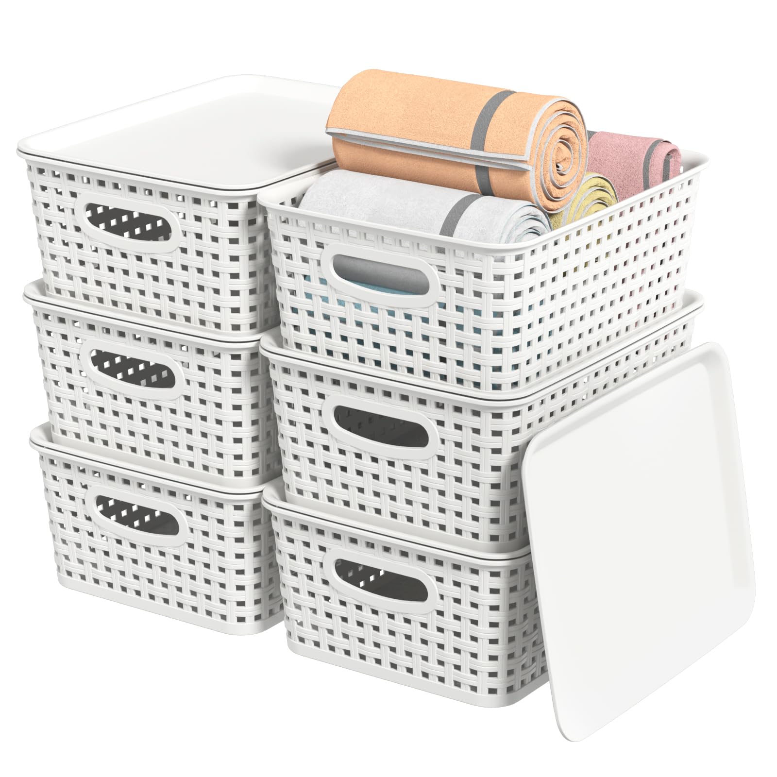 Wakikini Woven Plastic Storage Baskets with Lids, Small Weave Bins, White