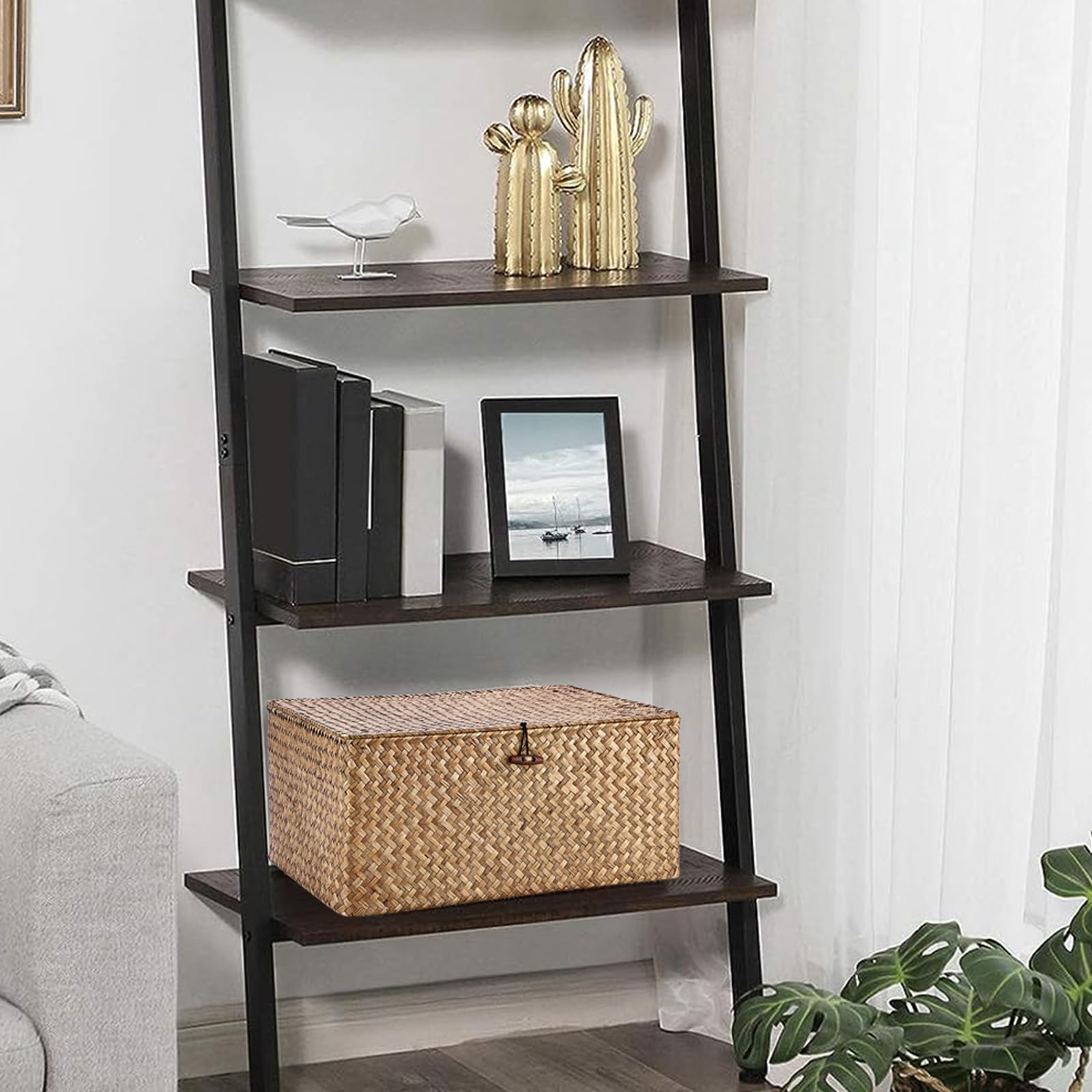 IGNPION Seagrass Storage Basket with Lid, Wicker Woven Shelf Basket, Coffee