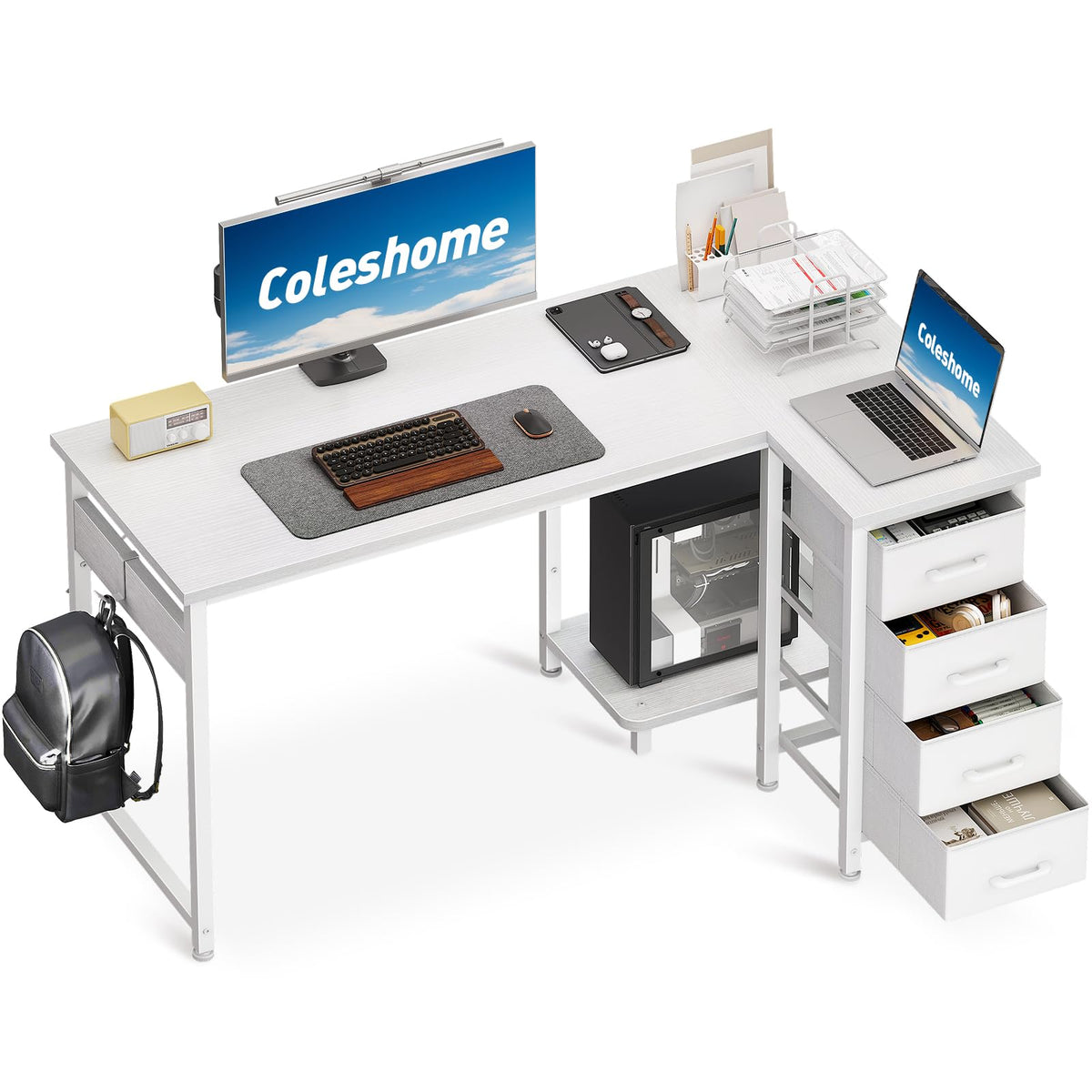 Coleshome Small Corner Desk with Drawers for Home Office, 120x70 cm, White