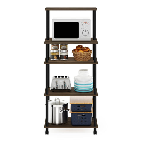 Furinno TURN-N-TUBE Bakers Rack with Wheels, 5-Tier Kitchen Storage Cart, Kitchen Cart, Coffee Bar, Pantry Organizers and Storage, Columbia Walnut