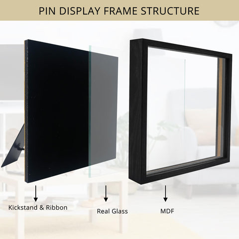 GMFrames 11x11 Enamel Pin Display Case, Pin Collection Display Frame with Real Glass, Shadow Box for Wall and Tabletop, Pin Holder Black
