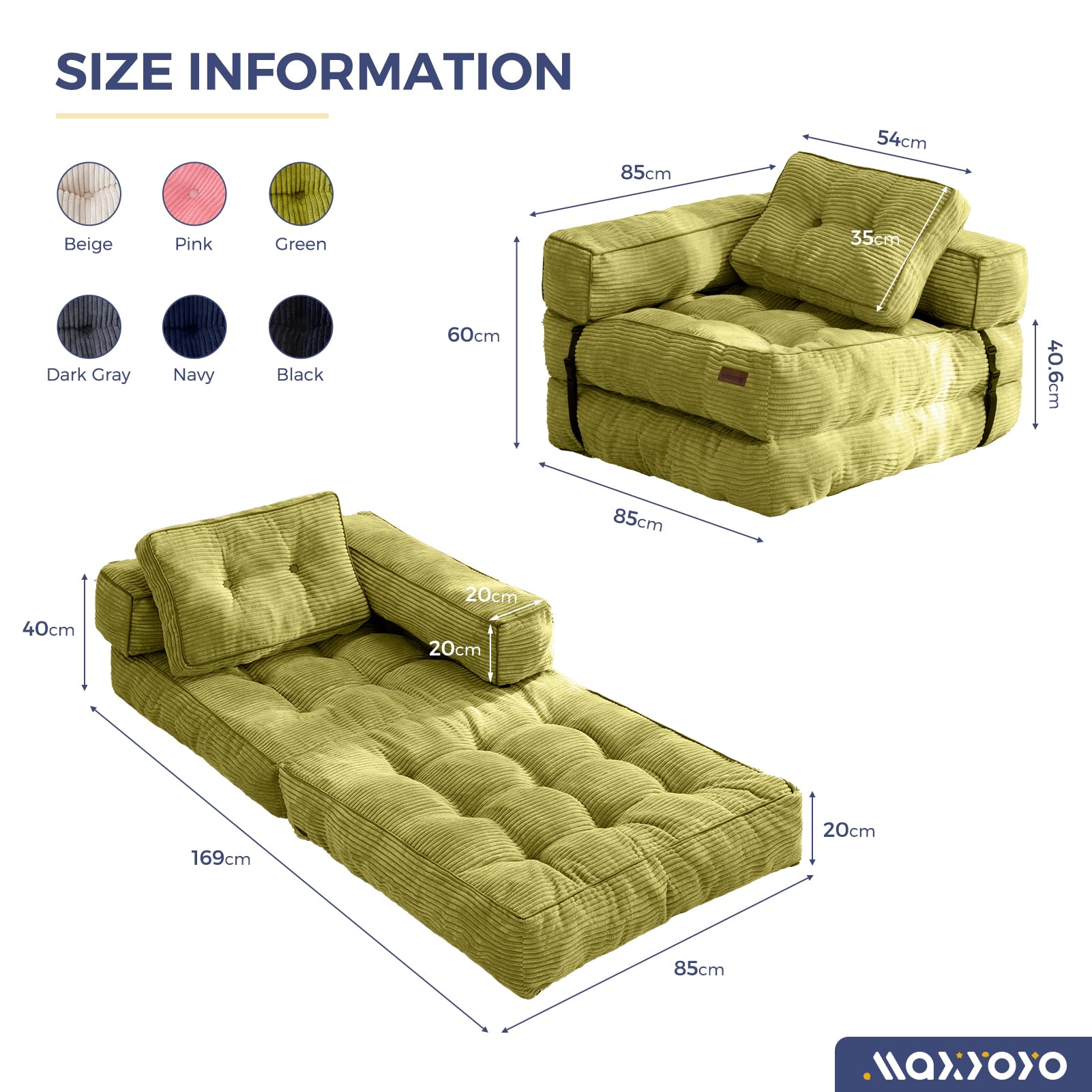 MAXYOYO Foldable Sofa Bed,Bean Bag Couch Convertible Sleeper Chair with Armrest L-Shaped Floor Lounge Sofa with Pillow Portable Lounge Seat for
