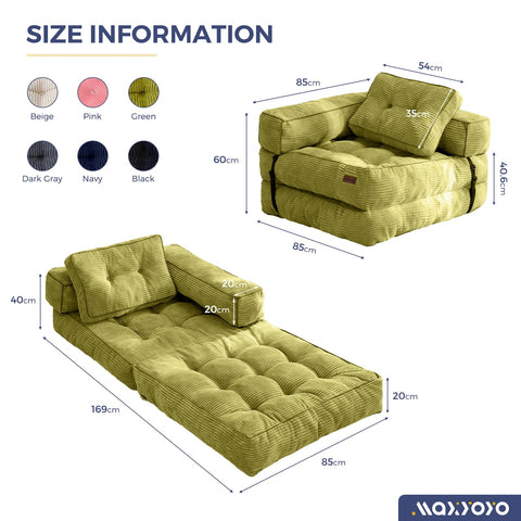 MAXYOYO Foldable Sofa Bed,Bean Bag Couch Convertible Sleeper Chair with Armrest L-Shaped Floor Lounge Sofa with Pillow Portable Lounge Seat for