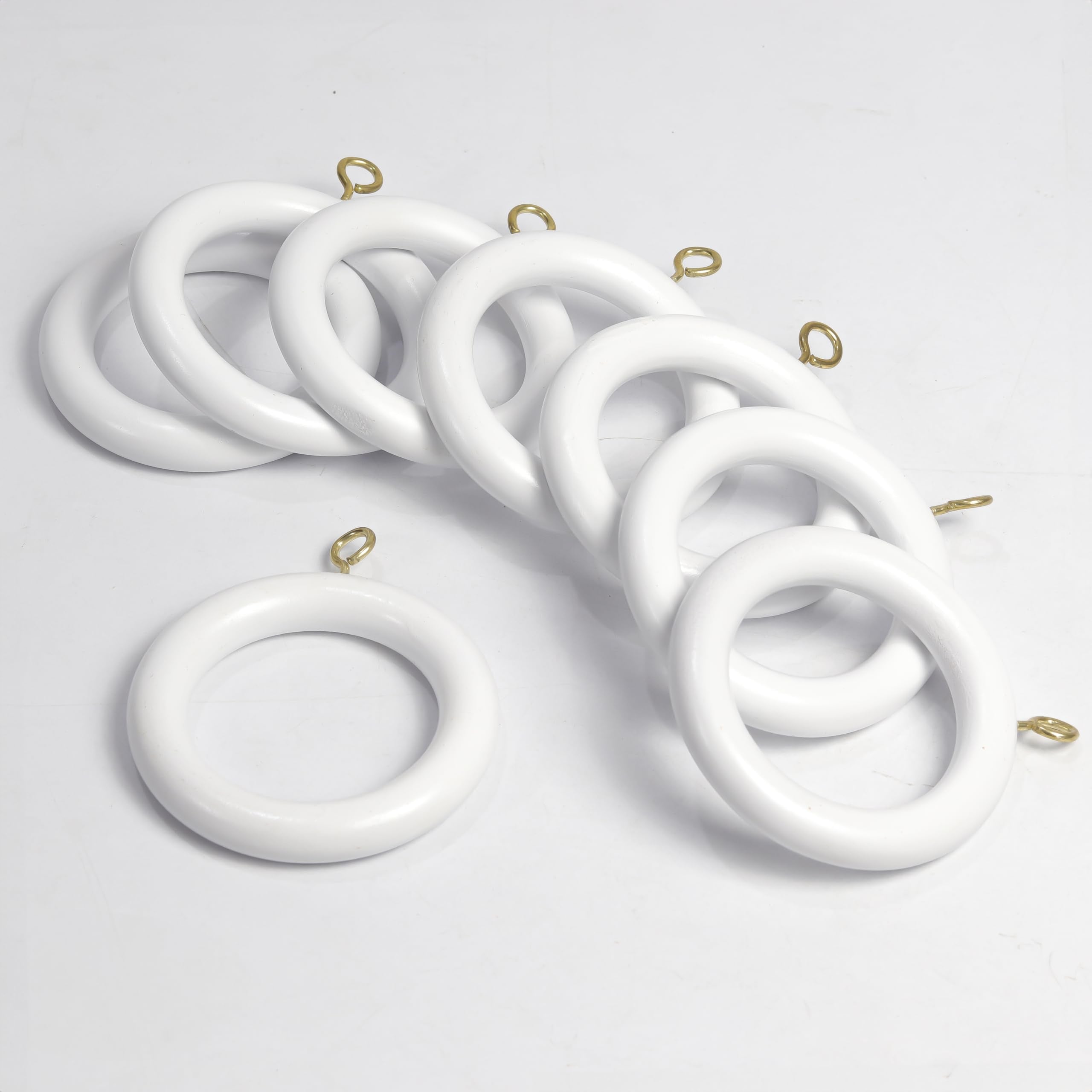 12 Pcs White Wooden Curtain Rings with Hooks | 2.5 Inch Outer Diameter, 1.75 Inch Inner Diameter | Fits 1 to 1.5 Inch Curtain Rods
