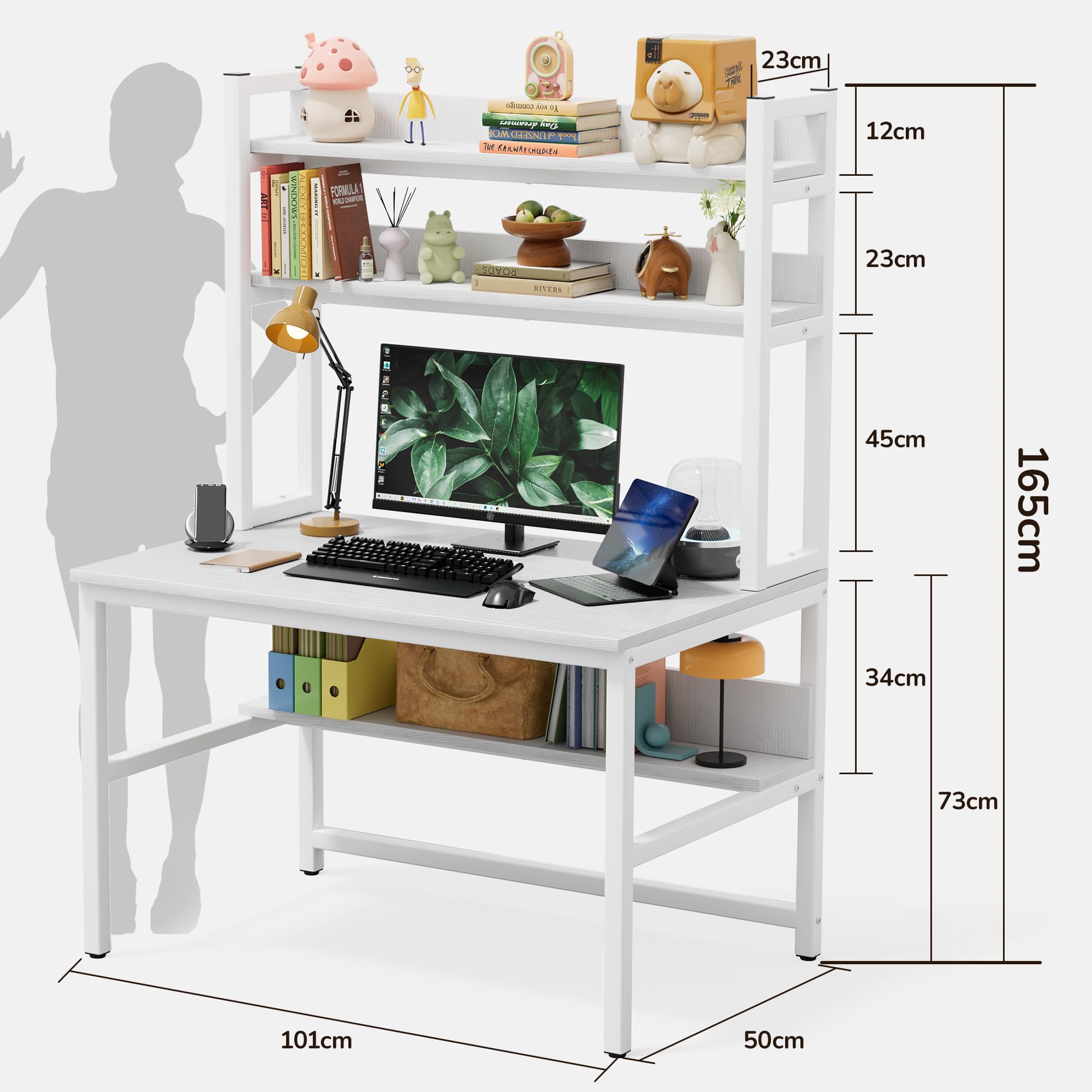 Aquzee Desk with Shelves, 100 cm Computer Desk with Hutch, Bookshelve Above, Study WriteTable Desks & Workstations for Bedroom Space Saving with 3