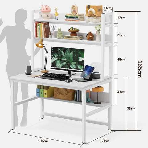 Aquzee Desk with Shelves, 100 cm Computer Desk with Hutch, Bookshelve Above, Study WriteTable Desks & Workstations for Bedroom Space Saving with 3