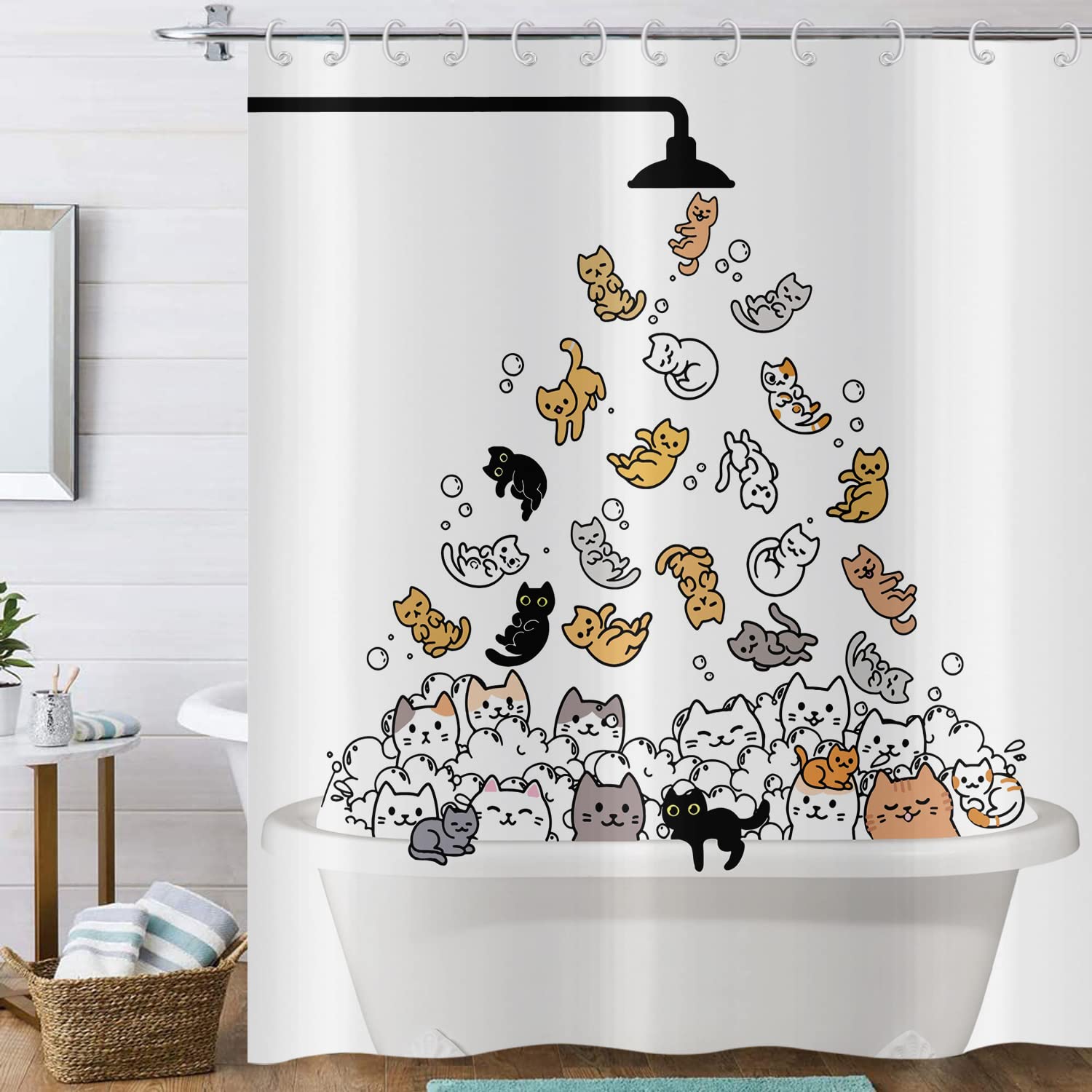 Hnmdmyi Funny Cat Shower Curtain 150x180, Kids Cartoon Animal Kitten Colorful Lovely Hilarious Pets Bathroom Curtains with Hooks Waterproof Polyester