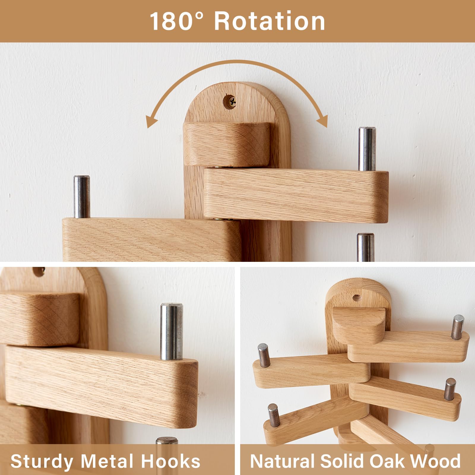 Swivel Coat Rack, Solid Oak Wood Coat Hooks with 5 Swivel Foldable Arms
