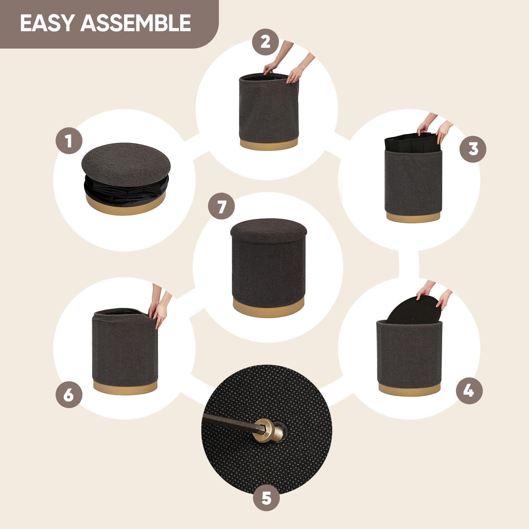Bonlife Round Ottoman with Storage, Folding Footstool with Coffee Table