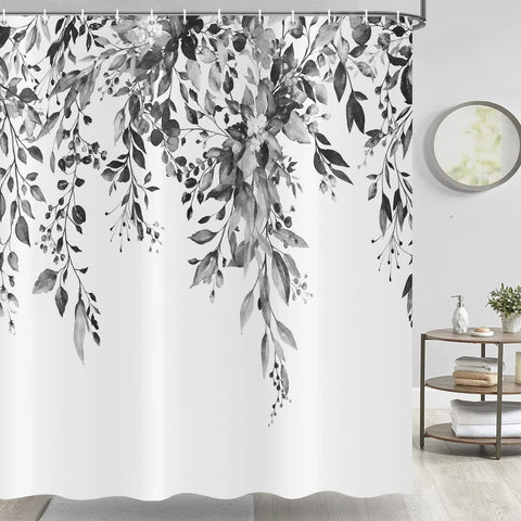 ASDCXZ Black Eucalyptus Shower Curtain 180x200 cm, Spring Watercolor Eucalyptus Leaves Floral Plants Waterproof Bath Curtain Polyester Textile
