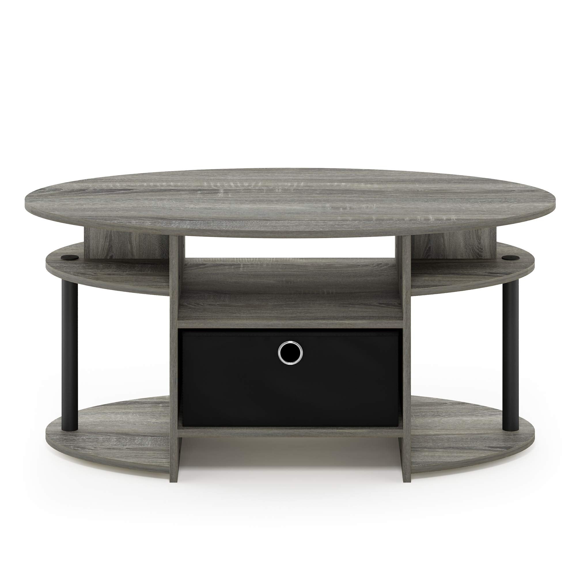 Furinno JAYA Coffee Table, Oval Modern Coffee Table with Shelves and Storage Bin, Side Table, for Living Room, Bedroom, Home Office, French Oak