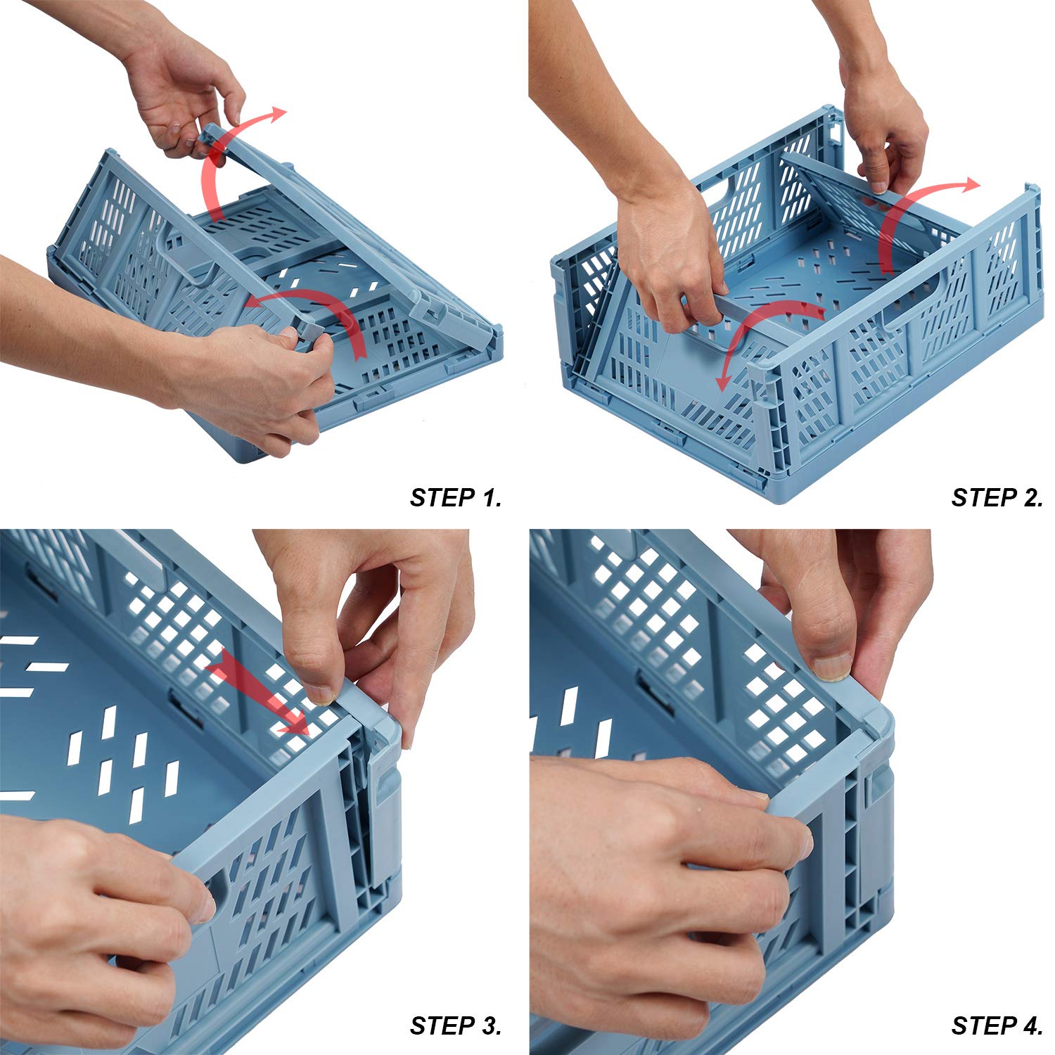 2 Blue 2 white Plastic Storage Basket Folding Storage Boxe Crate Drawer Organizer Stackable Shelf Basket Collapsible Closet Container Food Fruit