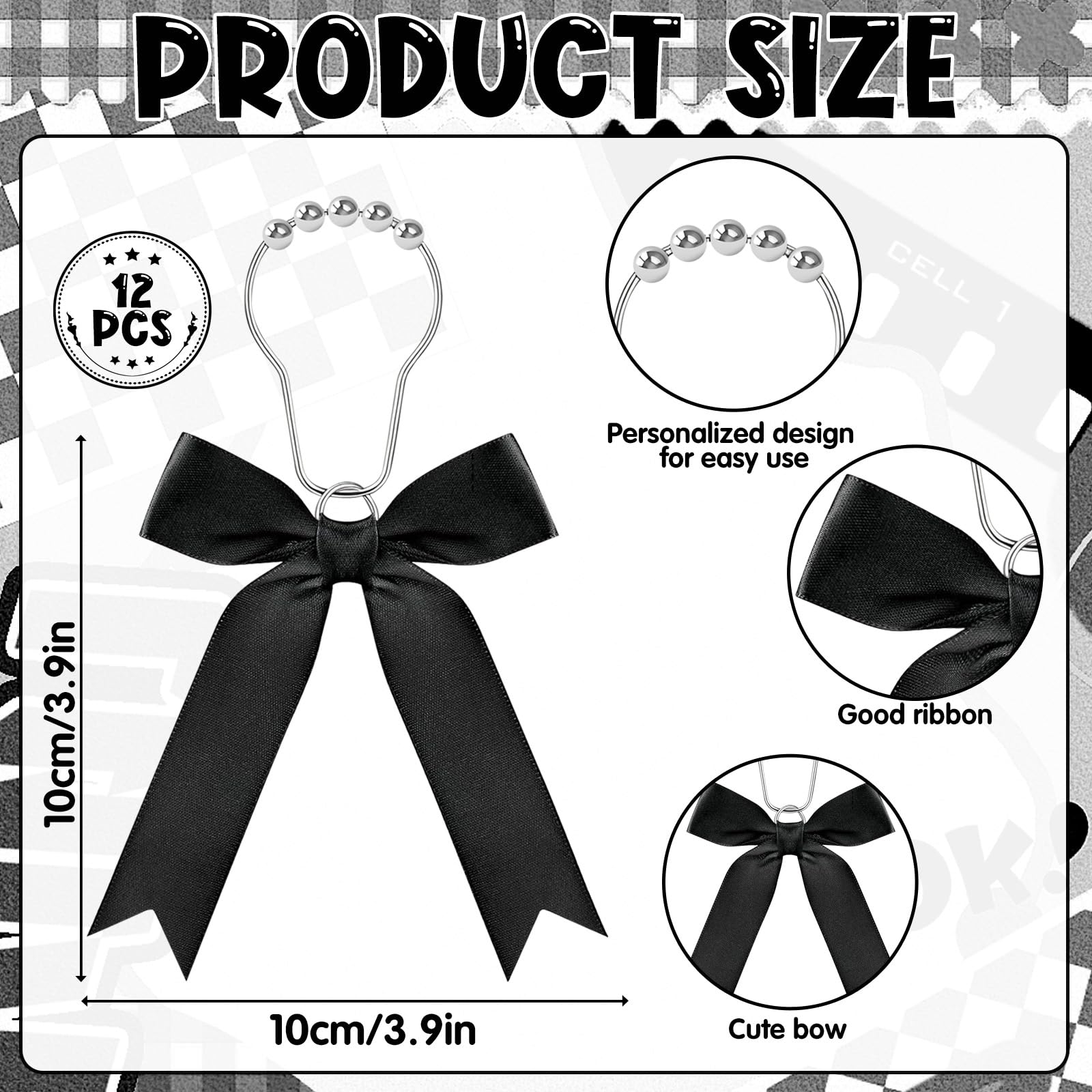 12 Black Bow Shower Curtain Hooks, Cute Bow Bathroom Accessories Decor Supplies, Stainless Steel Fine Workmanship Shower Rings Decor