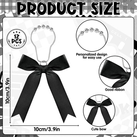 12 Black Bow Shower Curtain Hooks, Cute Bow Bathroom Accessories Decor Supplies, Stainless Steel Fine Workmanship Shower Rings Decor