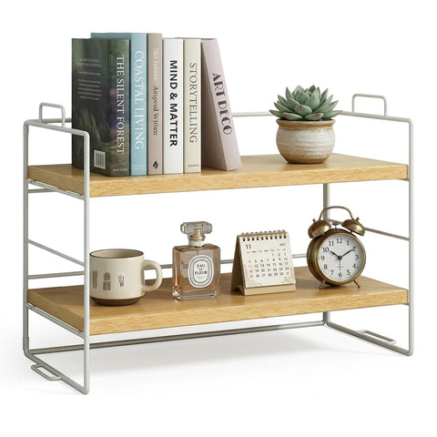 Milky Way Desktop Bookshelf Organizer, 2-Tier Wood Desk Shelf, White Frame