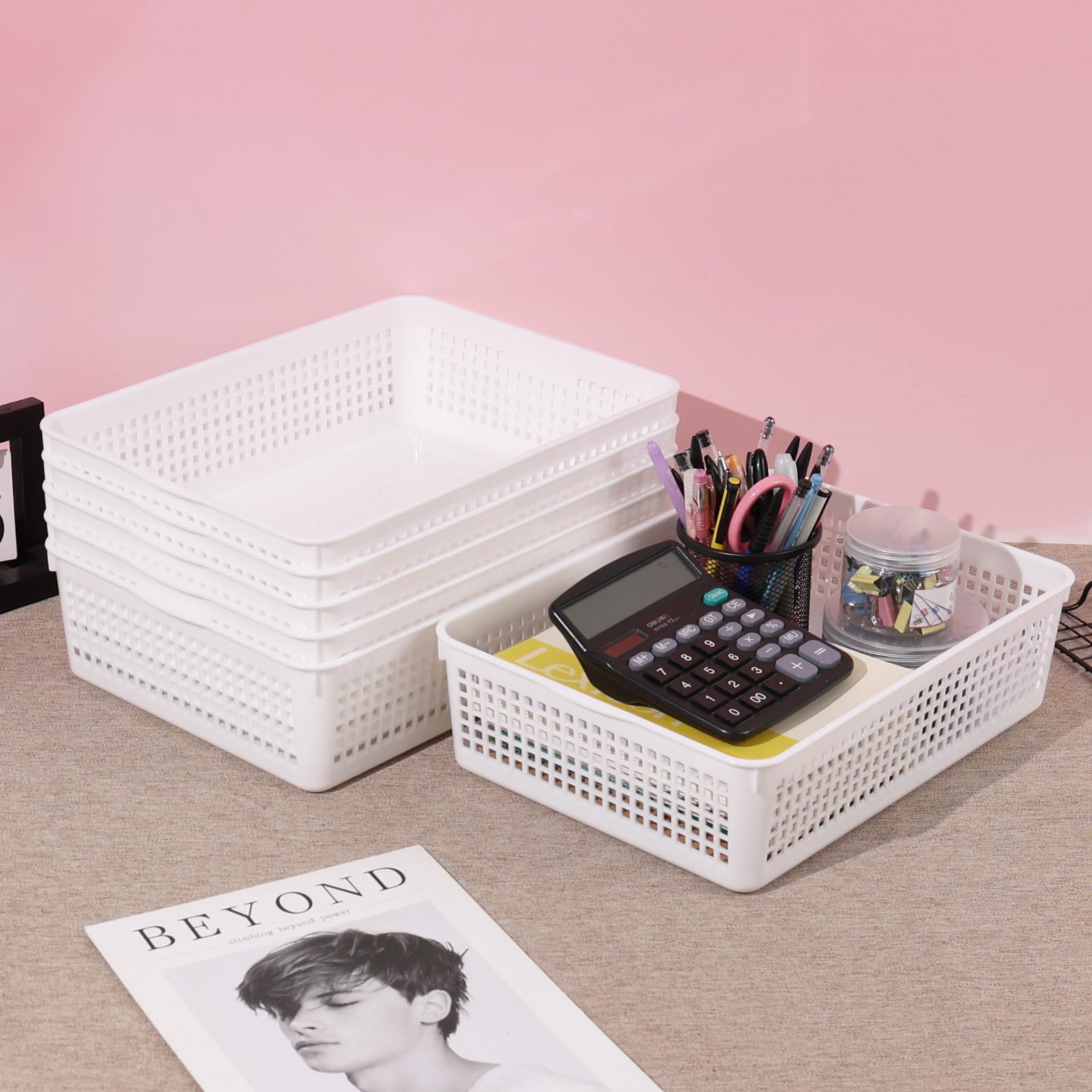 Easymanie A4 Paper Size Plastic Storage Baskets for Desktop, White, 6 Packs