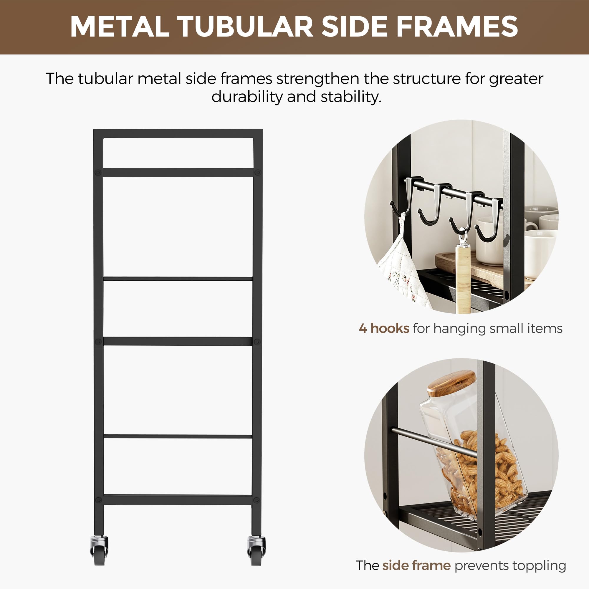 3-Tier kitchen trolley,Brown Wood Top,60W×30Dcm,4 Hooks, Adjustable Shelves