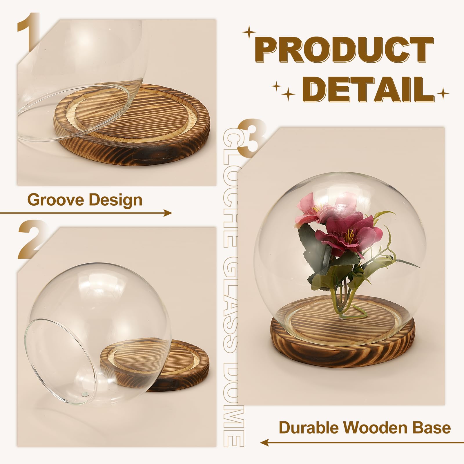 sourcing map Round Cloche Glass Dome, 5.9" x 4.7" Decorative Glass Display Bell Jar Dome Cloche with Brown Base for DIY Flower Craft