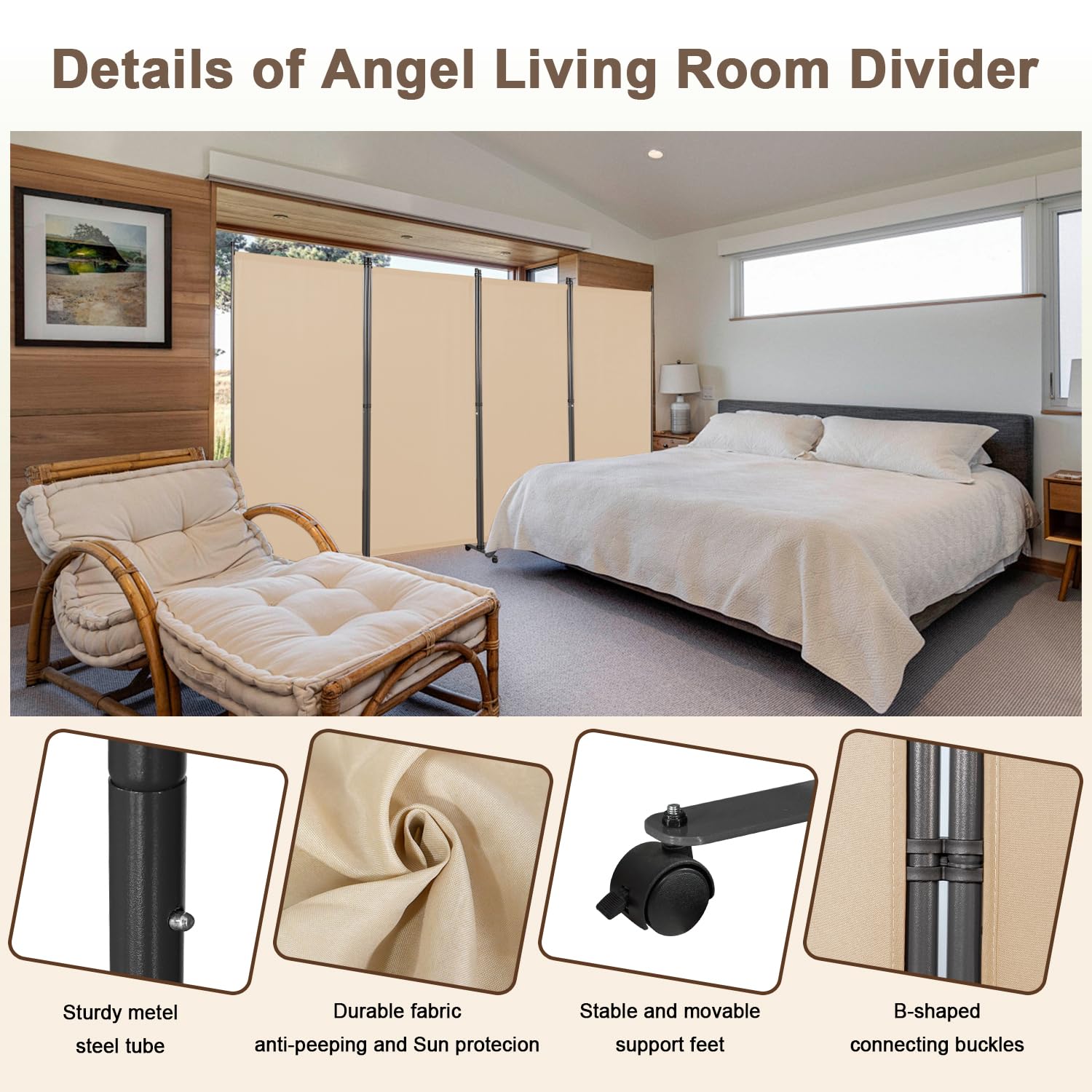 Angel Living 4 Panels Folding Room Divider, Privacy Screen Composed of Polyester Fabric and Sturdy Iron Frame