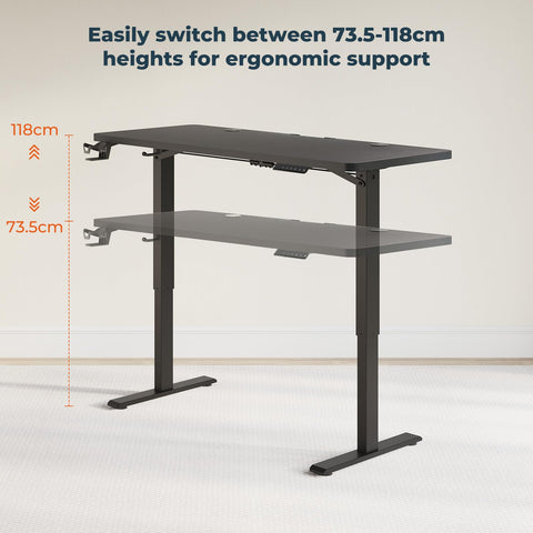 FitStand 140x60cm Electric Height Adjustable Standing Desk, Sit Stand Desk, Computer Desk With Hooks, Cupholder, Memory Function