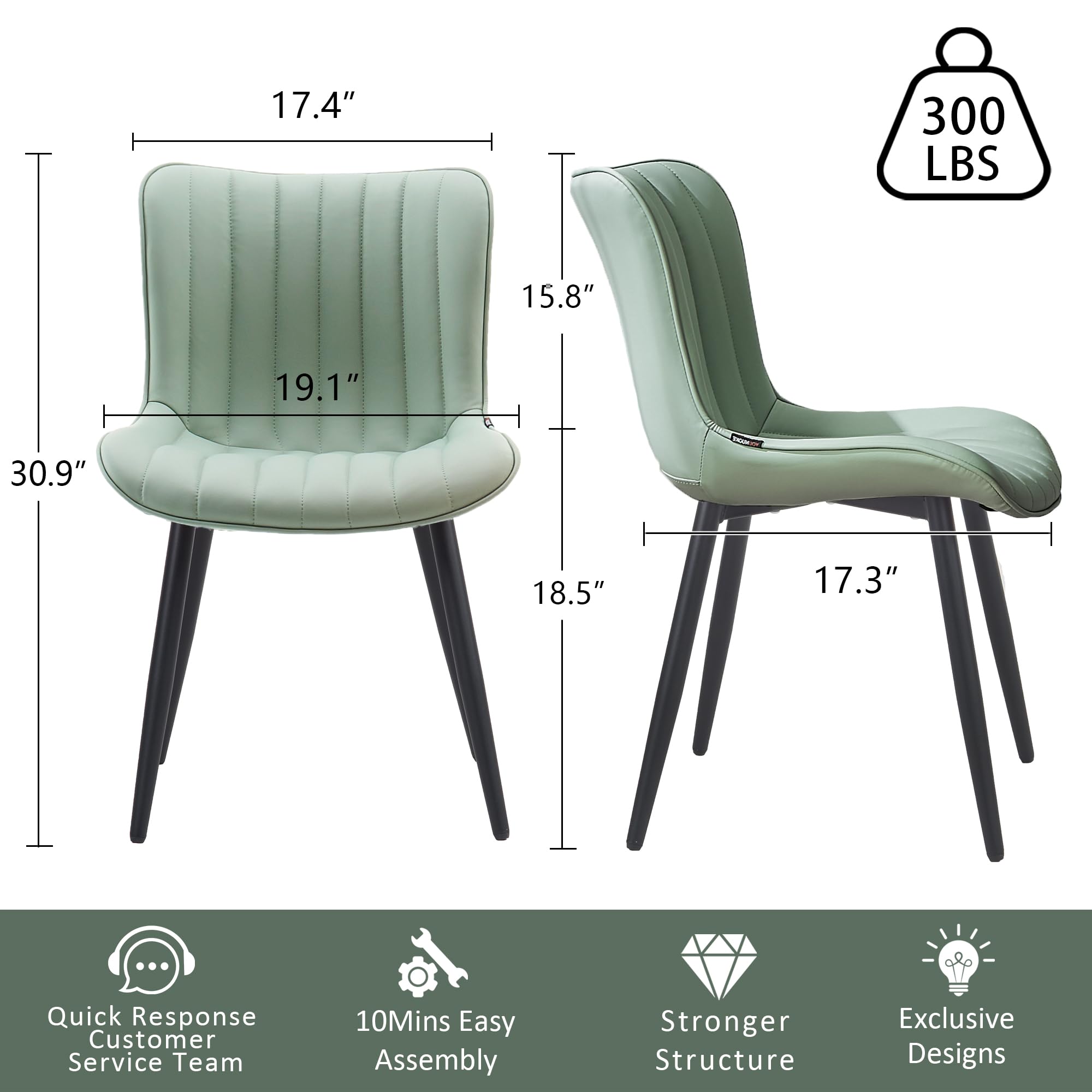 YOUNIKE Dining Chairs Set of 2 Modern Kitchen Dining Room Chairs with Metal Legs, Armless Upholstered Faux Leather Accent Chairs with Backrest