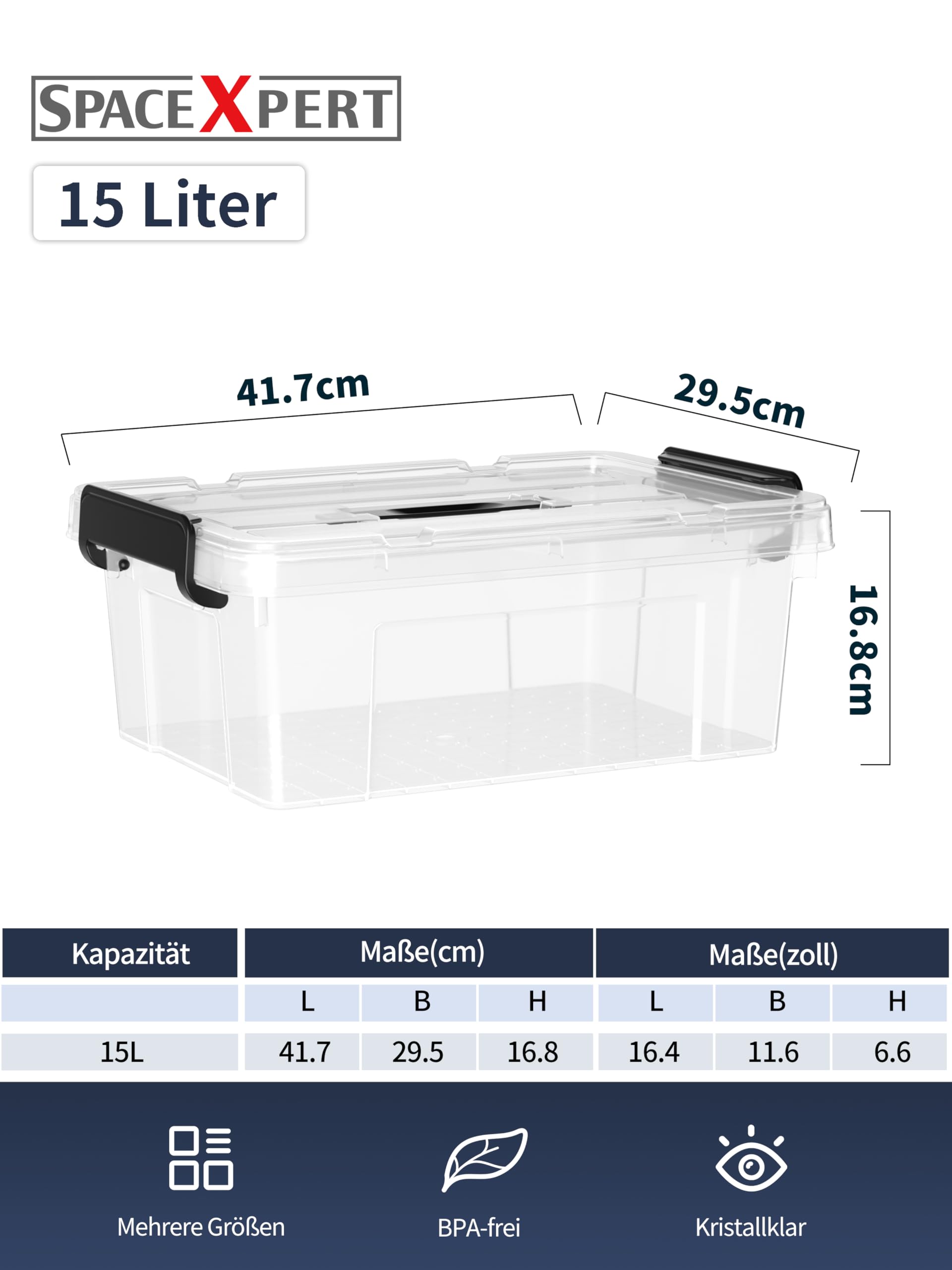 SpaceXpert Storage Boxes with Lid 15L, Plastic Storage Box with Handle, Stackable Container for Home Office Garage Accessories, Hand-Carryable Bin