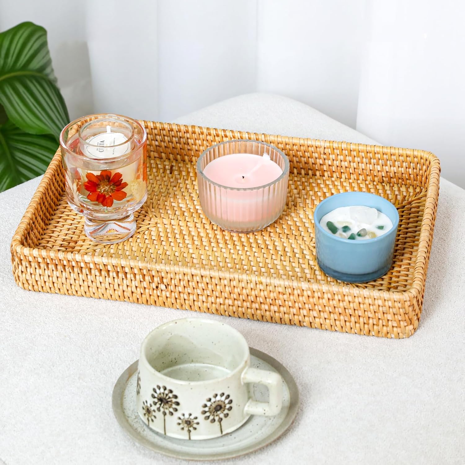 Shallow Rattan Wicker Tray for Keys, Perfume and Decor