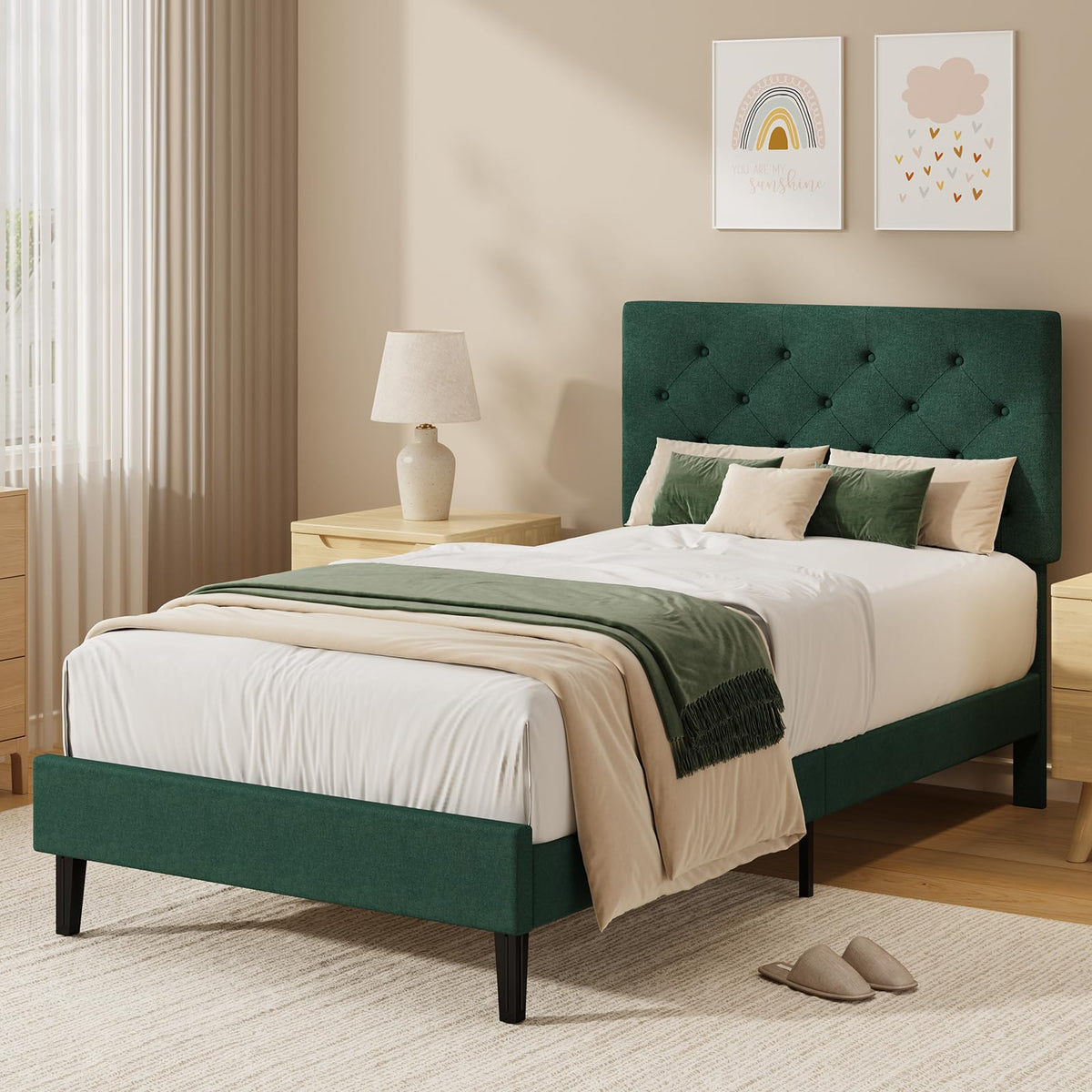 HOMBCK Single Bed Frame, 90 x 190 cm, with Adjustable Upholstered Headboard, Heavy Duty 256kg Weight Capacity, Easy Assembly, No Box Spring Needed