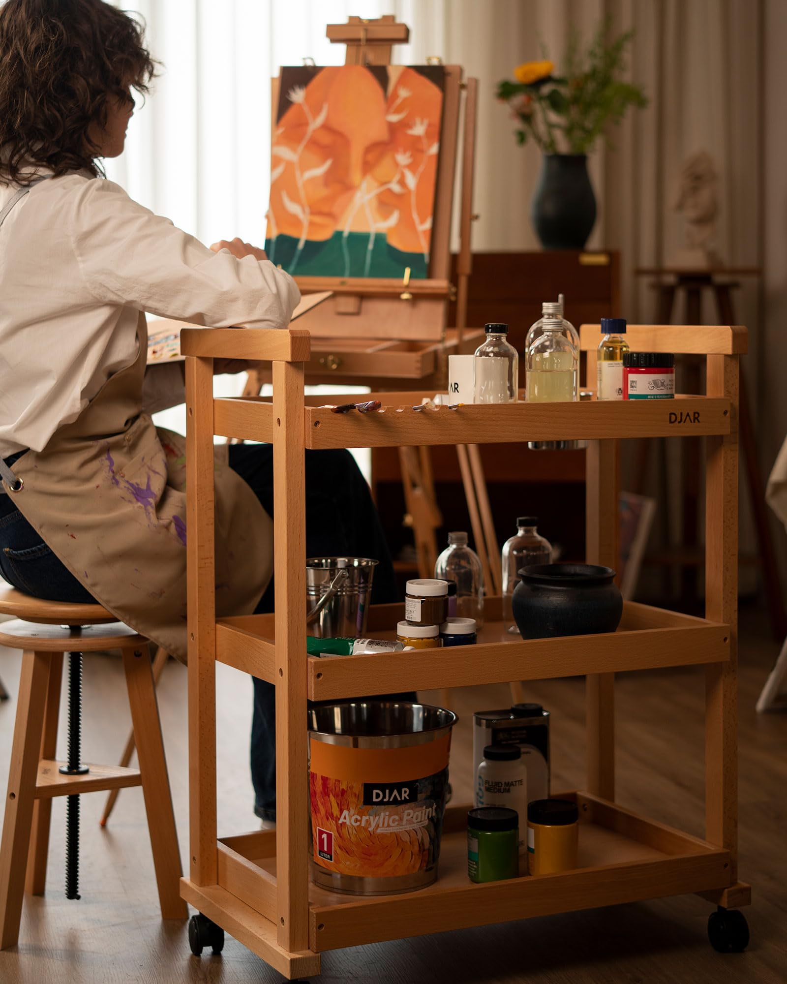 DJAR Rolling Art Cart, Solid Beech Wood Utility Cart with Caster Wheels, for Adults, Artists (Natural, Basic)