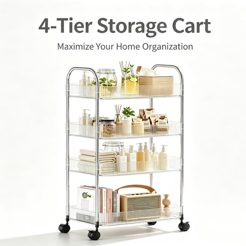 Guyi-Duck Clear Acrylic Storage Cart with Wheels, Transparent Rolling Organiser Trolley for Kitchen, Bathroom, Office and Home Corner