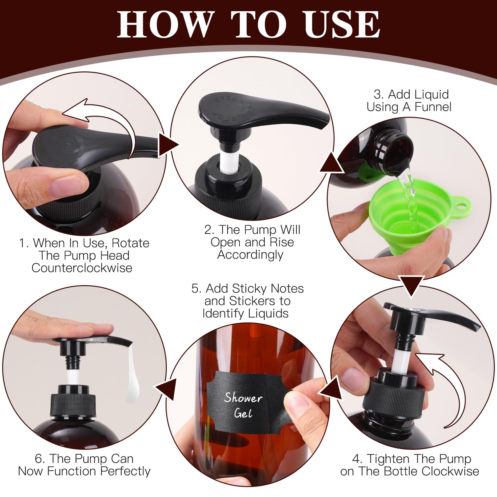 3 Pack Pump Bottle Dispenser, 1000ml/33.82oz Dispenser Bottle with Pump, Refillable PET Empty Shampoo and Conditioner Dispensers with Funnel and