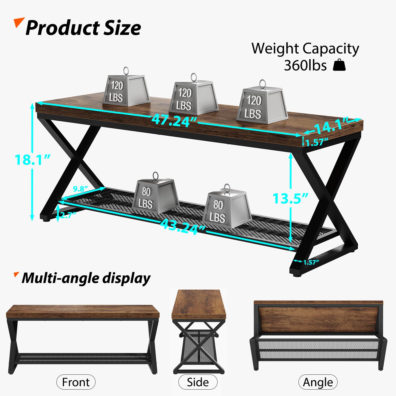 LVB Rustic Brown Industrial Entryway Bench with Storage, Indoor Wood and Metal Storage for Living Room Bedroom