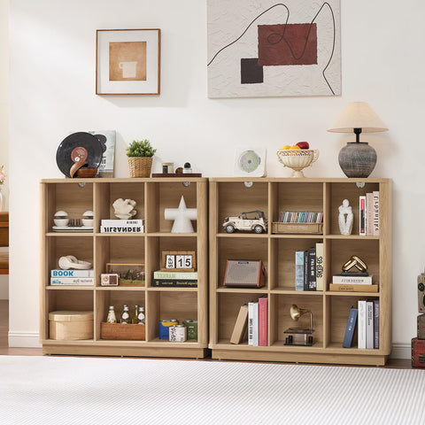 LELELINKY 9 Cube Storage Bookcase, 41" Wide Wooden Book Shelf with Thickened Base, Freestanding 3-Tier Open Book Case Unit with Curved Edge
