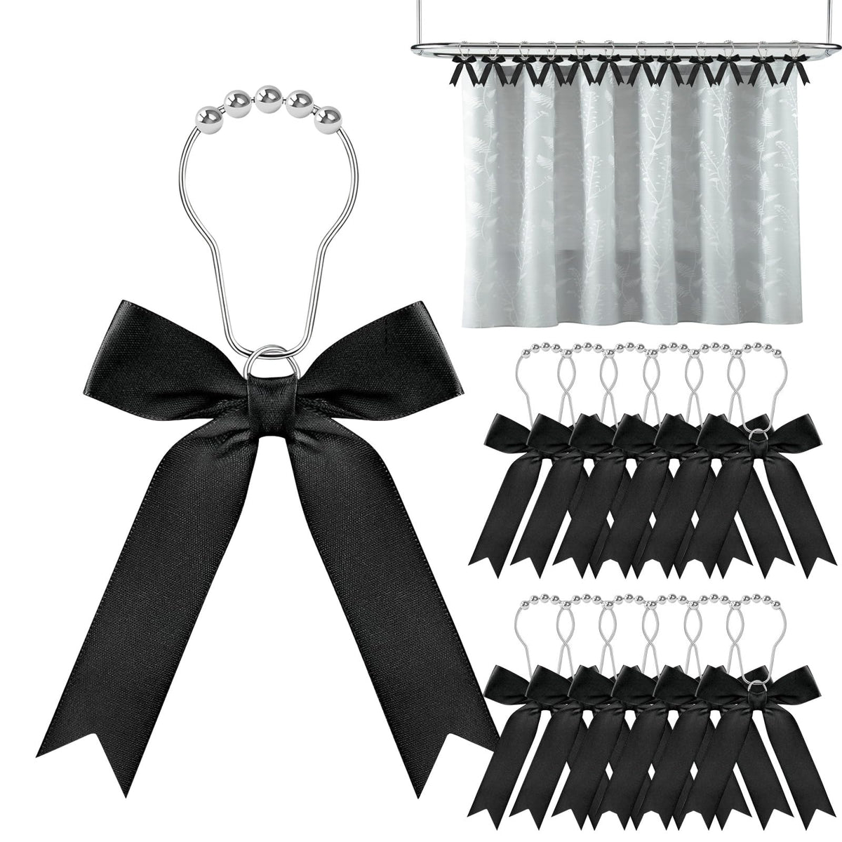 12 Black Bow Shower Curtain Hooks, Cute Bow Bathroom Accessories Decor Supplies, Stainless Steel Fine Workmanship Shower Rings Decor