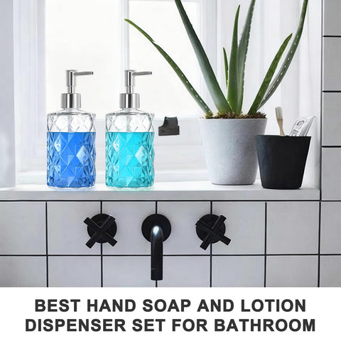 Glass Soap Dispenser 2pc, Diamond Crystal Transparent Style with Plastic Pump，Handwash Dispenser Bottle, Used in Kitchen and Bathroom
