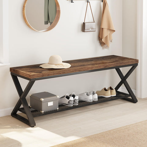 LVB Rustic Brown Industrial Entryway Bench with Storage, Indoor Wood and Metal Storage for Living Room Bedroom