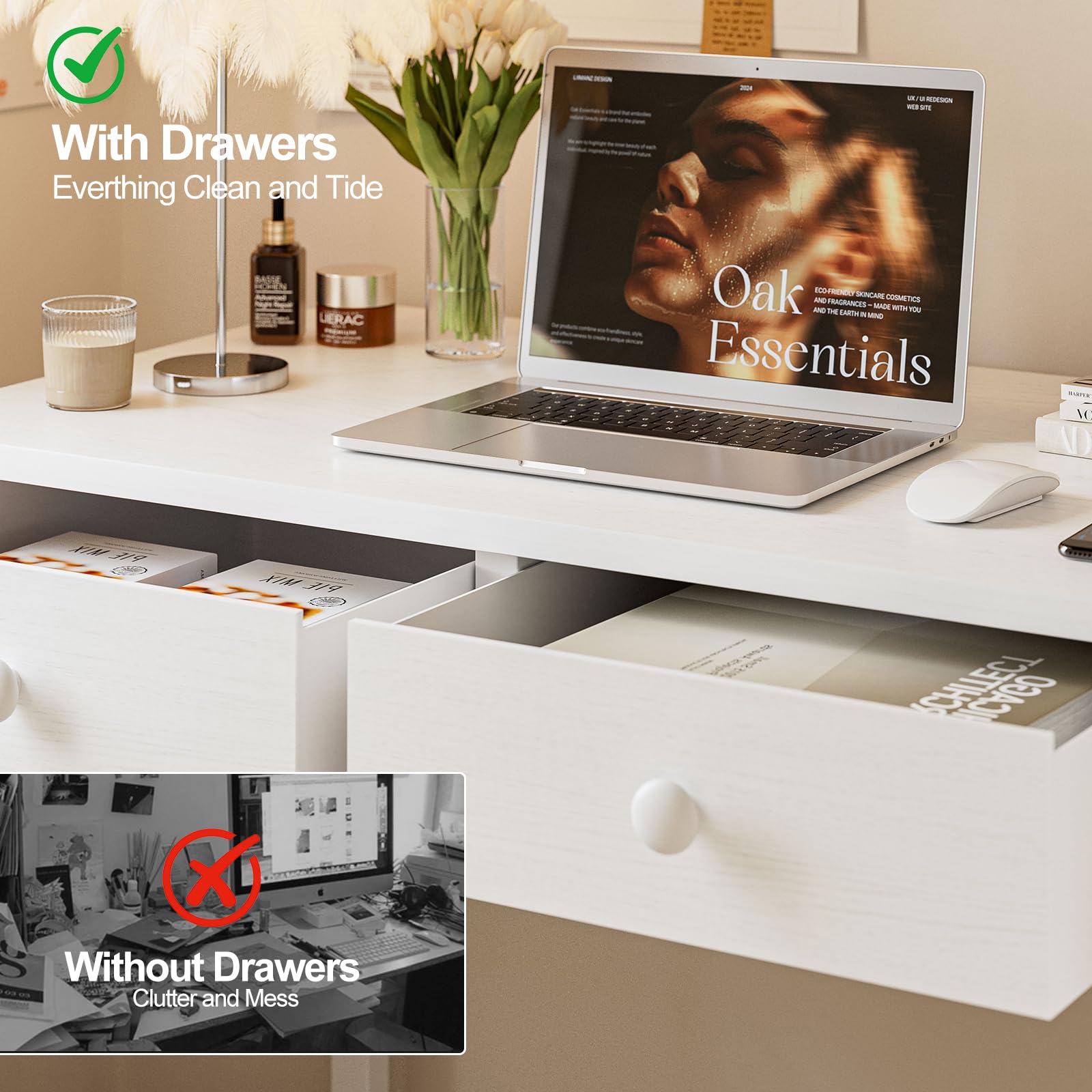 Grandder Small Computer Desk with 2 Fabric Drawers, 80 x 40 cm Home Office Desk with Storage Bags and Drawers