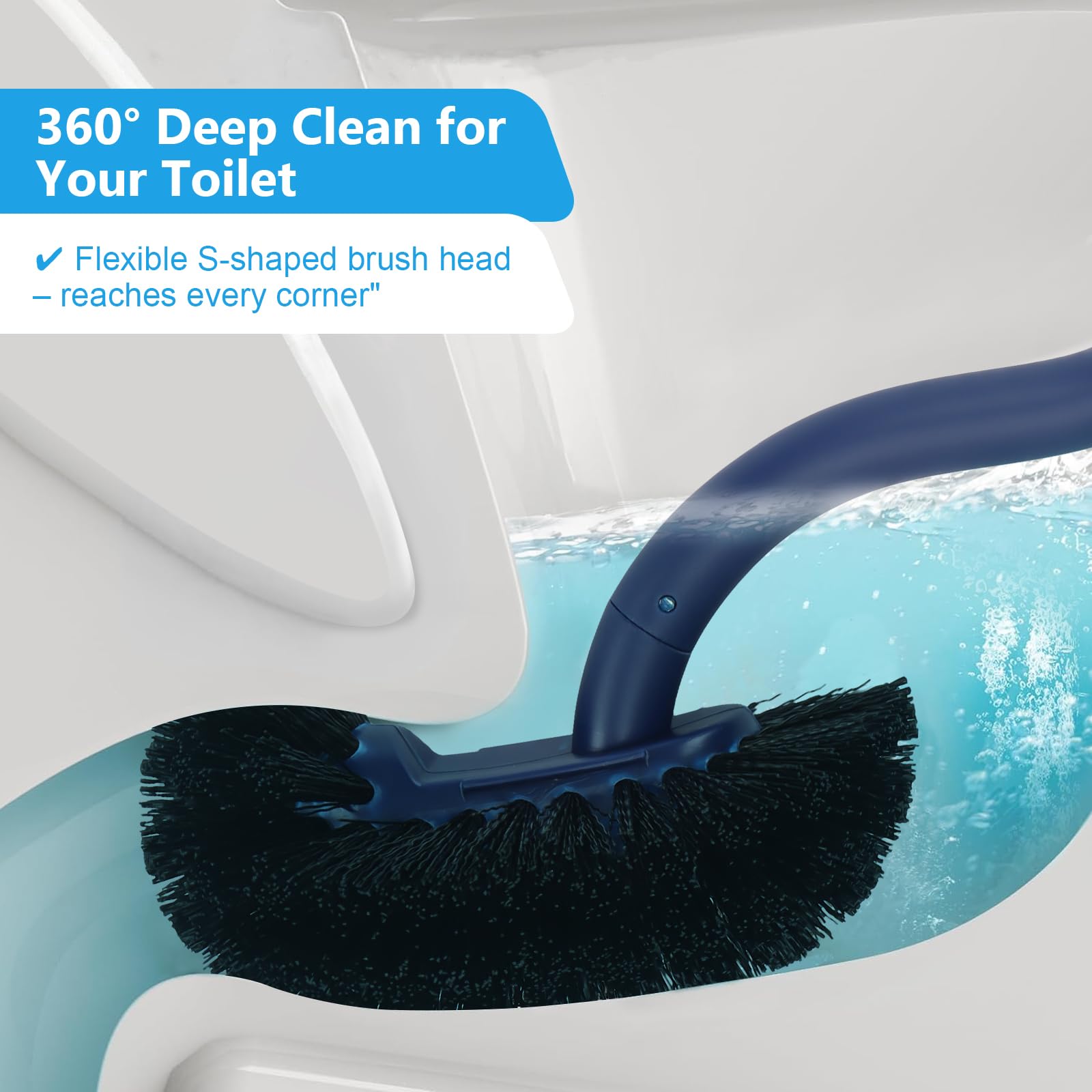 2 Pack Toilet Brush and Holder Set, Curved, Replacement Heads Navy Blue