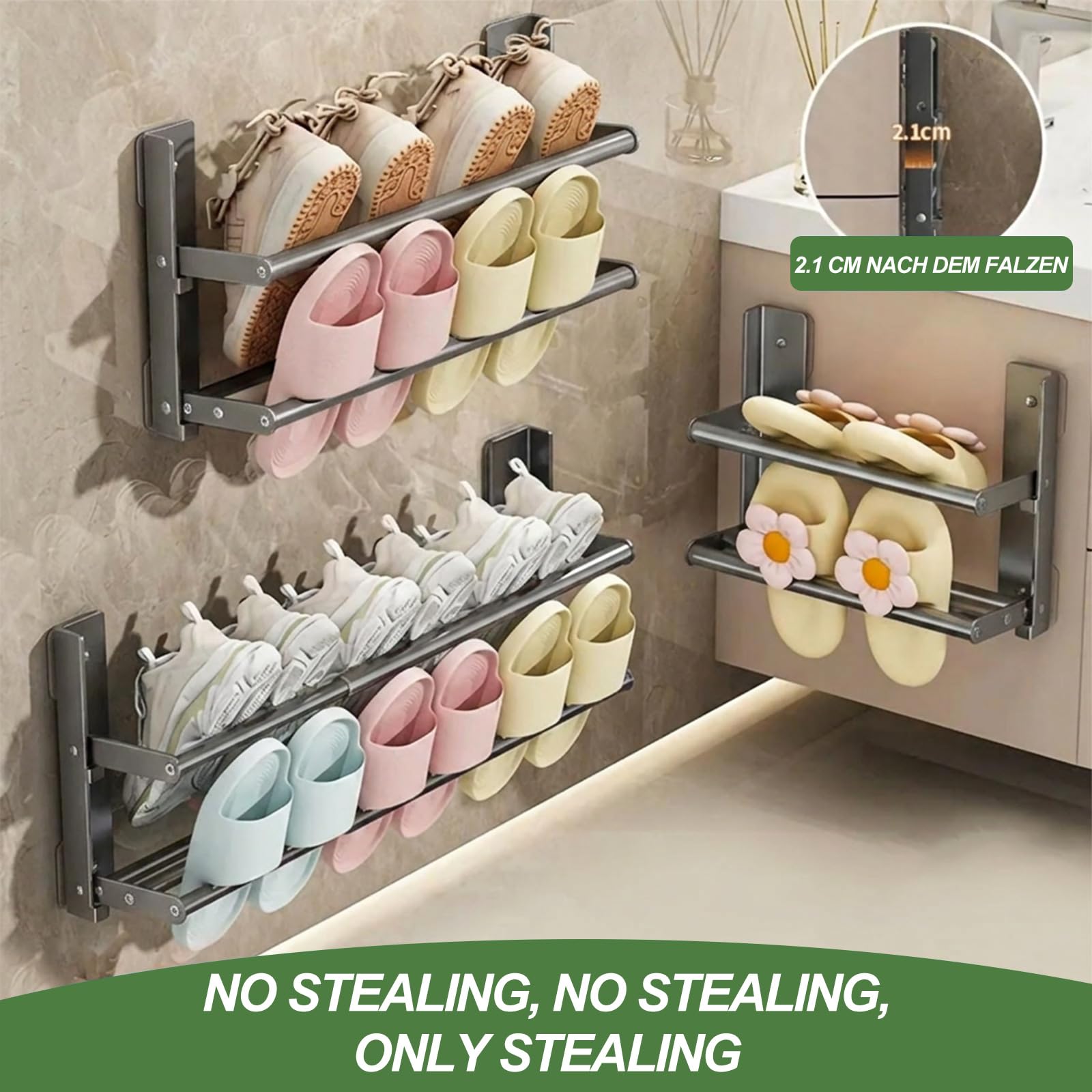 Wall-mounted Shoe Rack - 37-67cm Black Extendable 2 Tier shoe rack, Metal Wall Narrow Shoe Rack, Space-saving shoe storage