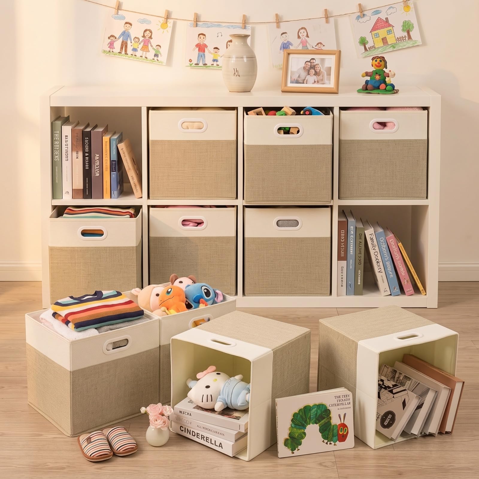SOCOHOME Fabric Storage Boxes,33x33x33cm Storage Cube, Foldable Storage Baskets for Shelf Nursery Closet(Light Khaki/Cream White, 3 Pack)