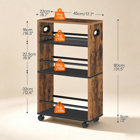 HOOBRO Slim Storage Trolley, Narrow Kitchen Cart for Small Space, Slide Out Kitchen Trolley on Wheels, 4-Tier Rolling Utility Cart with Handle