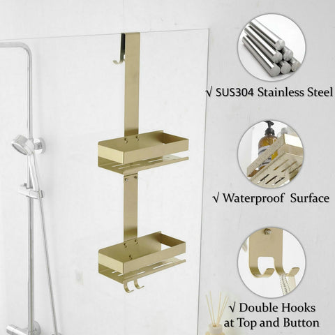 Hanging Over Door Shower Caddy - No Drilling Organiser Stainless Steel Shelves With Hooks - Gold Bathroom Rack Basket Tidy Storage