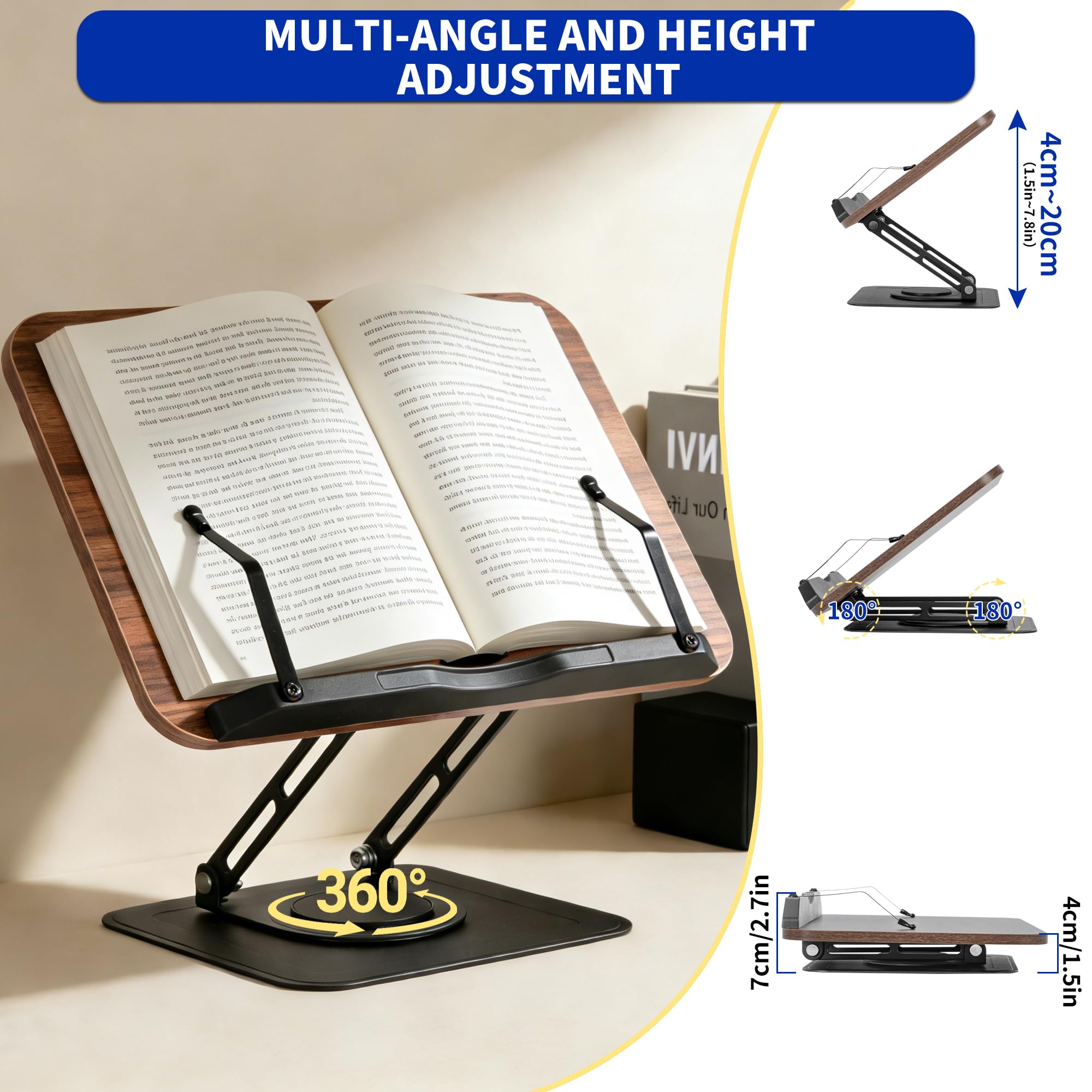 FREEAMG Book Stand for Reading, Adjustable Book Stand with 360° Swivel Base