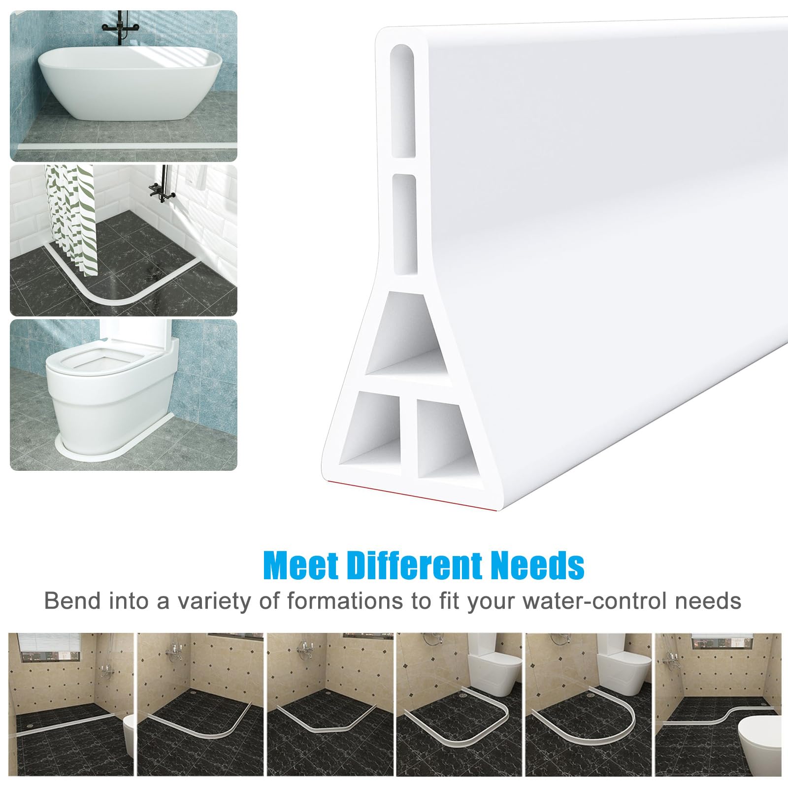 1.5M Wet Room Floor Barrier, 8.9cm Height TPE Curved Shower Threshold Water Barrier, Wet Room Shower Seal Strip