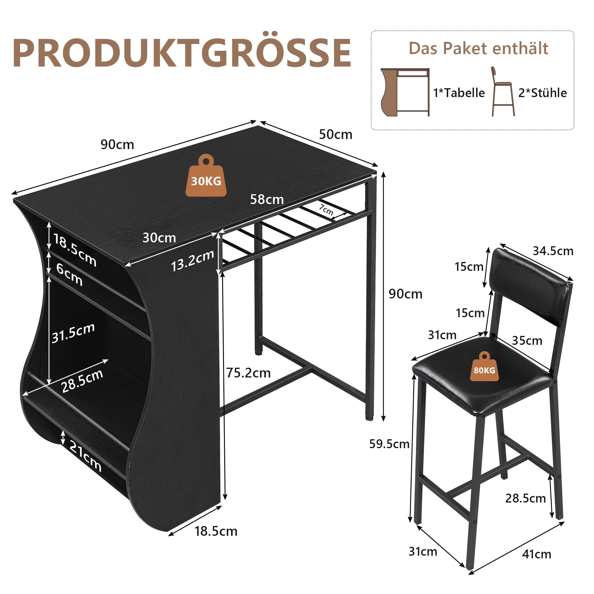 Feonase 3-Piece Bar Table Set, Bar Table with Bar Stools, 2-Tier Storage Shelves & Wine Rack, Bistro Table with 2 Chairs for Dining Room, Black